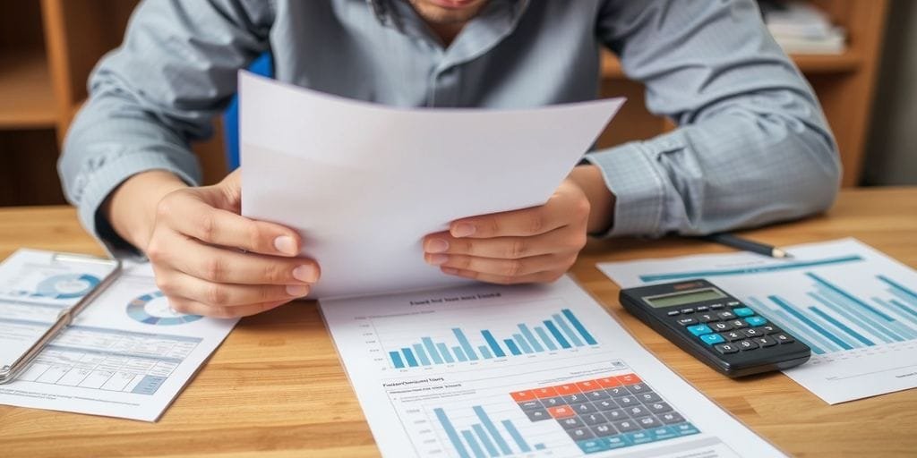 Person stressed with financial documents and calculator.