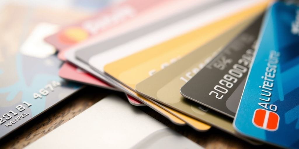 Close-up of various colorful credit cards fanned out.