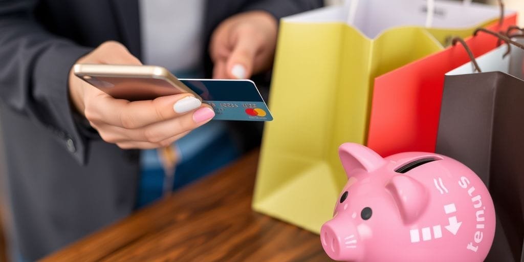 Person holding credit card and smartphone with shopping bags.
