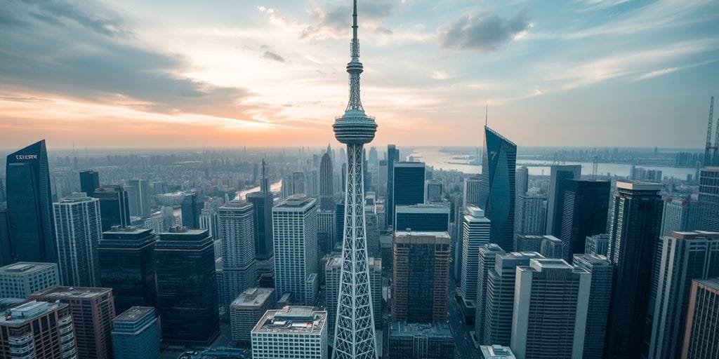 Cityscape with skyscrapers and a telecom tower