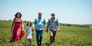 Família feliz caminhando em campo verde