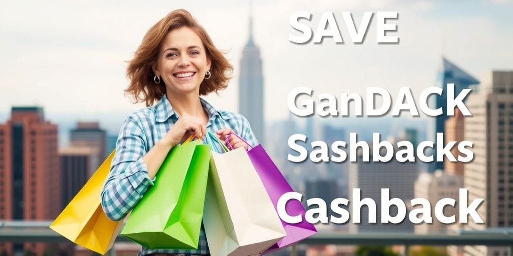 Happy shopper with bags, cityscape background.