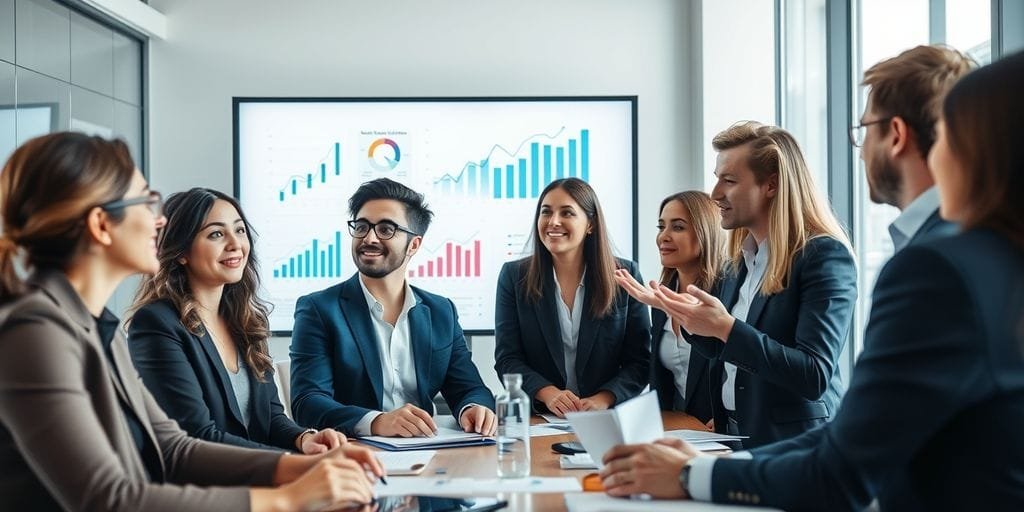 Business team discussing growth strategies with charts