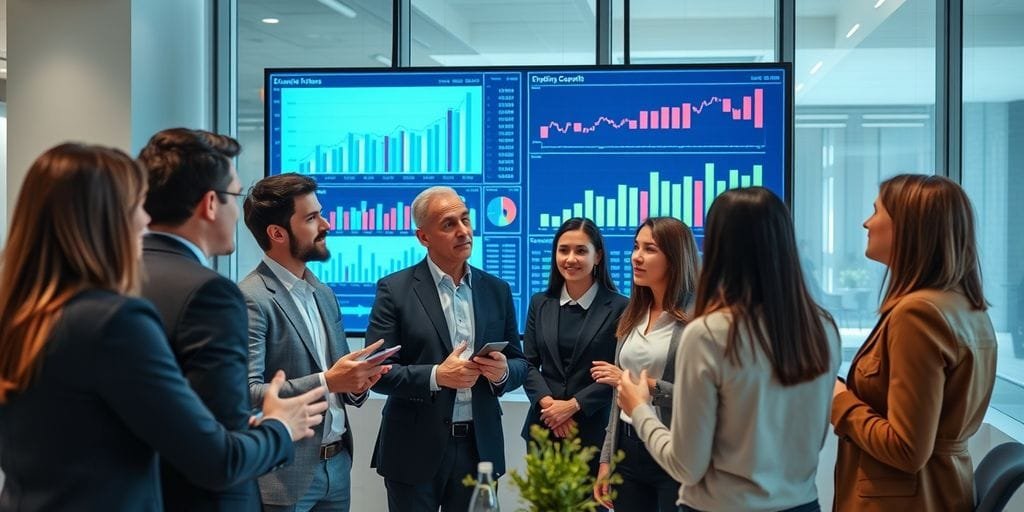 Professionals analyzing growth charts in a modern office.
