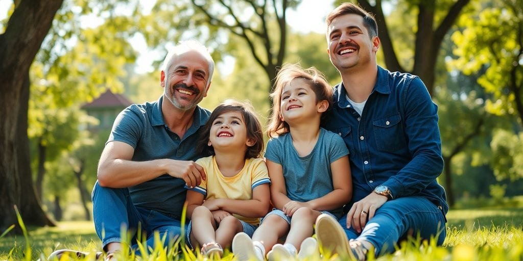 Família feliz em parque ensolarado