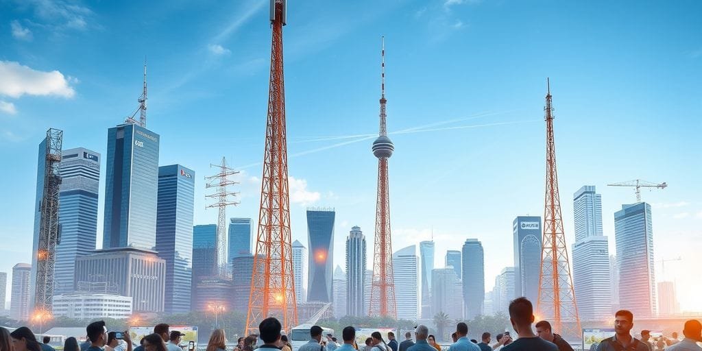 Cityscape with skyscrapers and communication towers