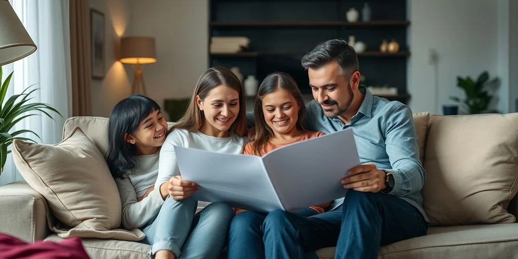 Família revisando documentos com corretor de seguros