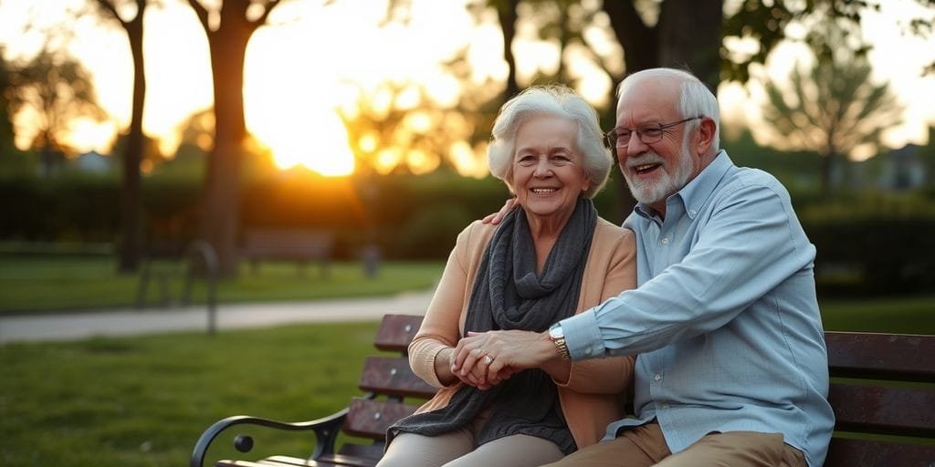 Elderly couple smiling on a park bench at sunset.