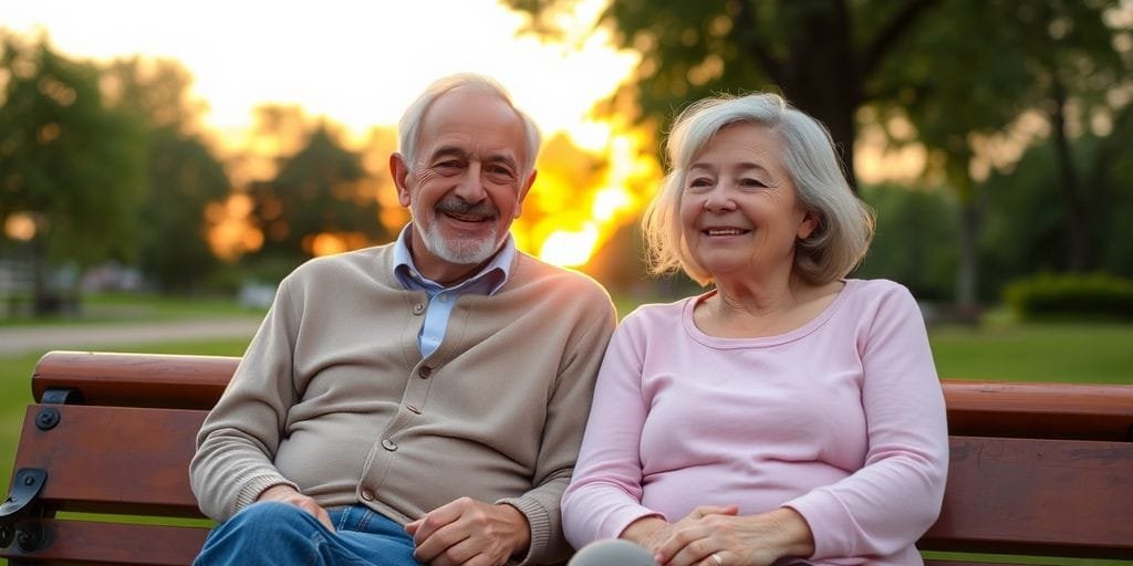 Elderly couple smiling on a park bench at sunset.