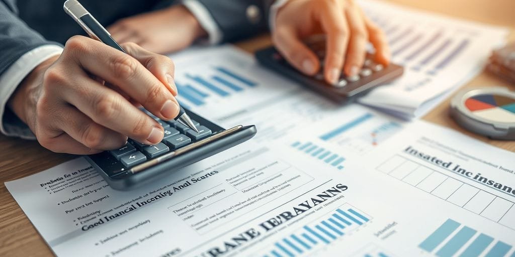 Person with pen, calculator, and financial documents.