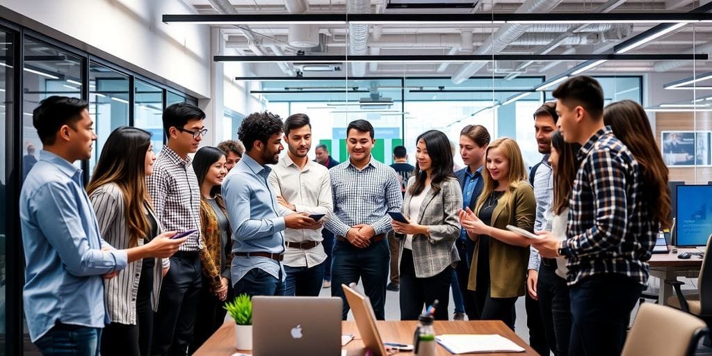 Diverse team collaborating in a modern office.