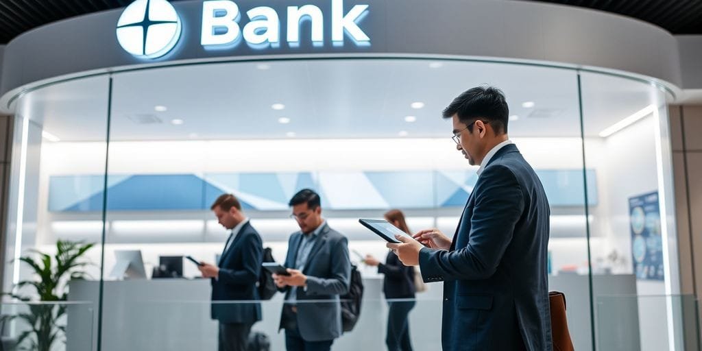 Modern bank office with digital devices