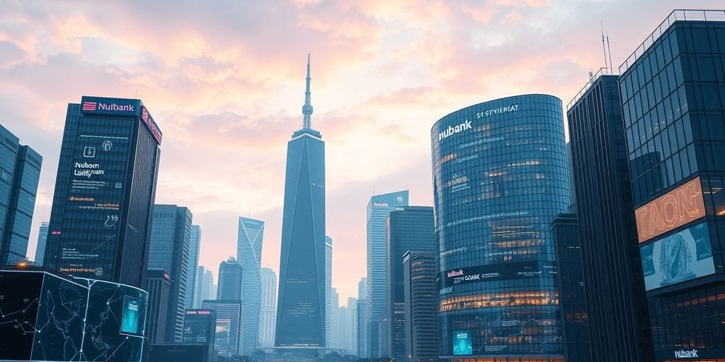 Futuristic city with Nubank building