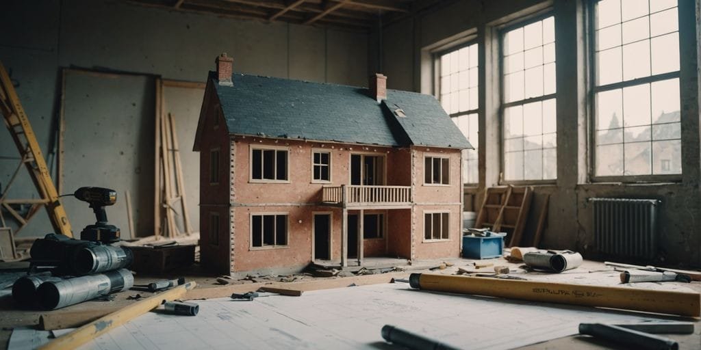 House renovation with tools and loan documents