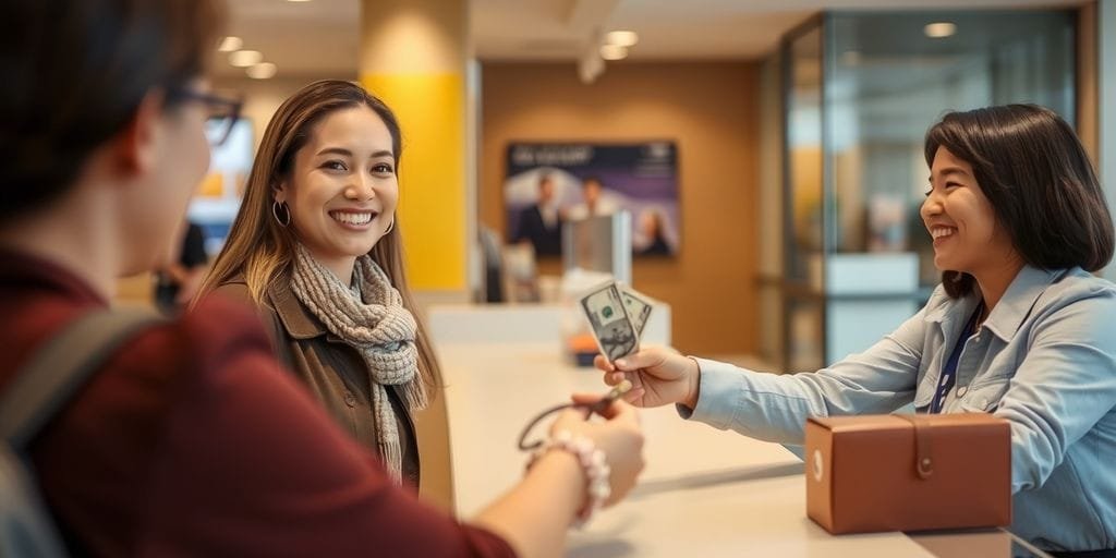 Person receiving money at a bank