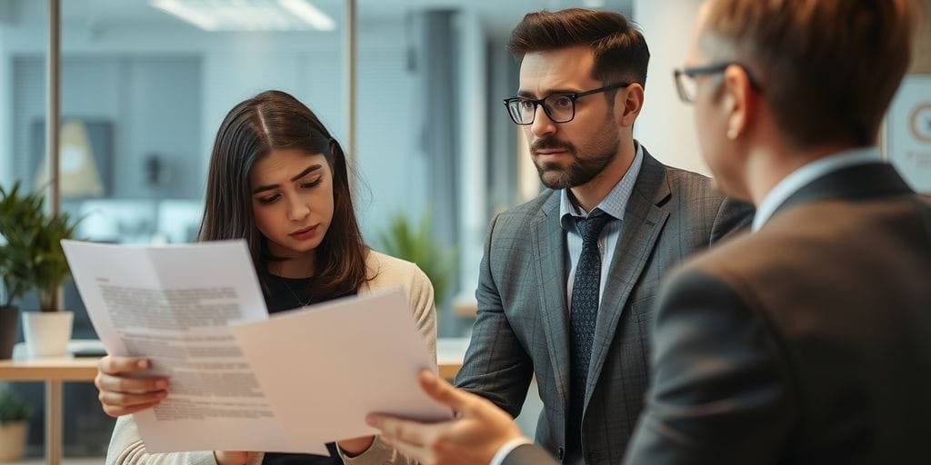 Worried person with document and supportive advisor.