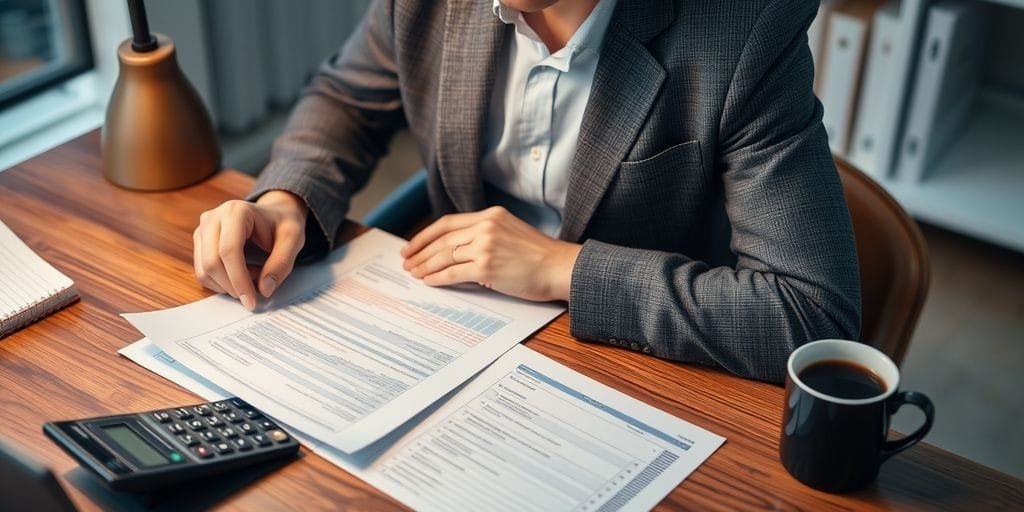 Person with pen, document, laptop, and calculator.