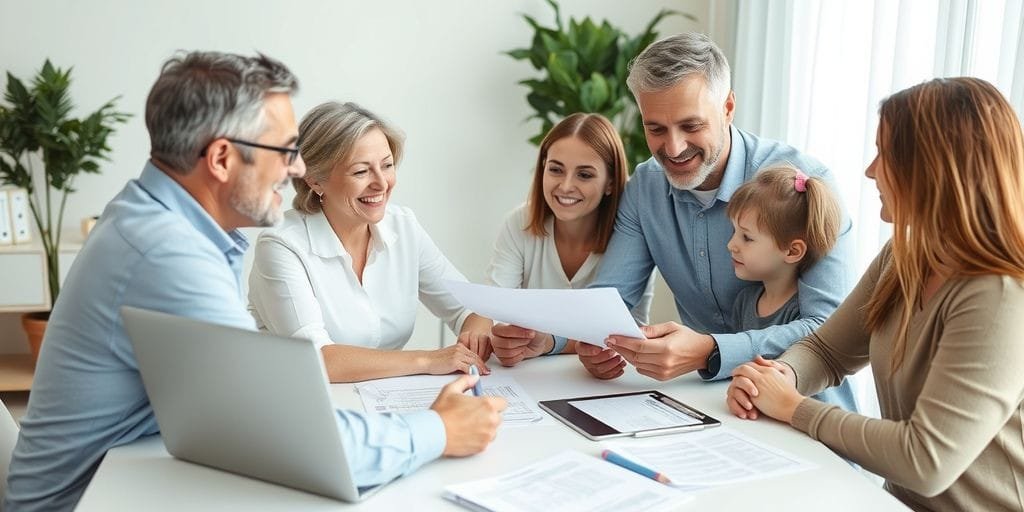 Family with advisor discussing insurance plans.