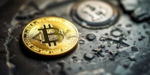 Uma moeda Bitcoin em uma superfície texturizada.