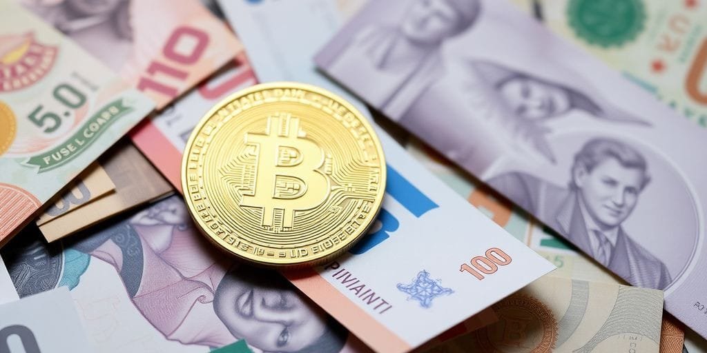 Imagem de uma moeda Bitcoin sobre notas de moeda fiduciária.