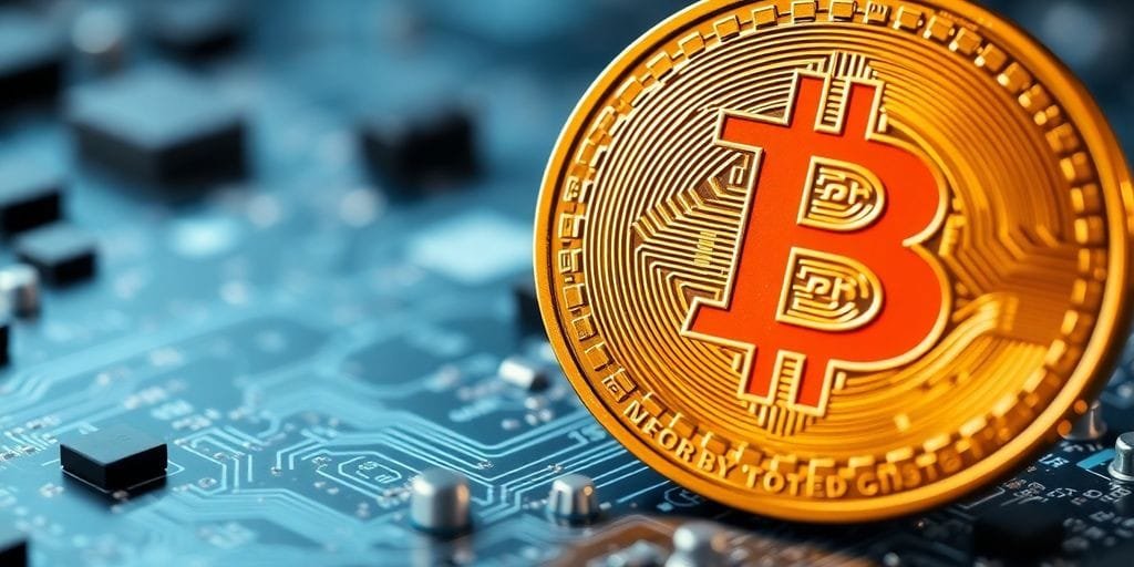 Moeda Bitcoin sobre uma placa de circuito digital.