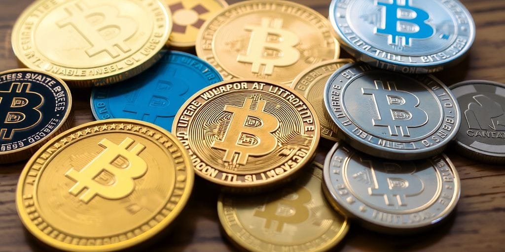 Várias criptomoedas dispostas artisticamente sobre uma superfície de madeira.