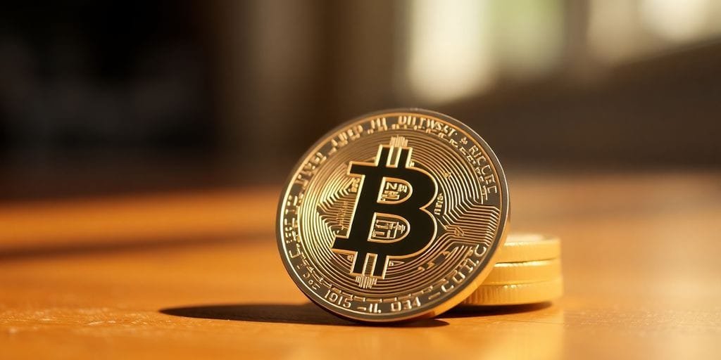Moeda Bitcoin em superfície de madeira iluminada.