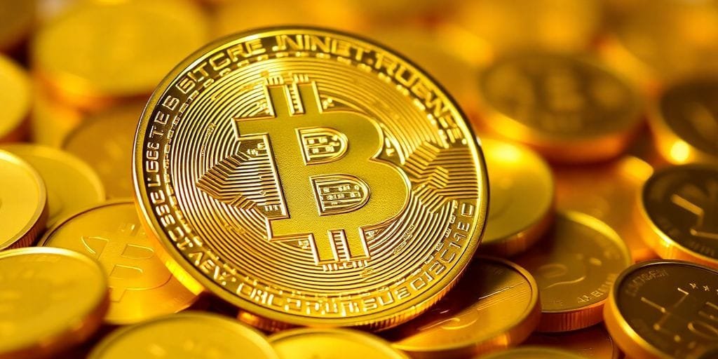 Uma moeda Bitcoin em cima de moedas de ouro.