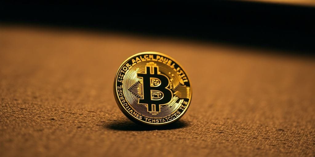 Imagem de uma moeda Bitcoin em uma superfície texturizada.