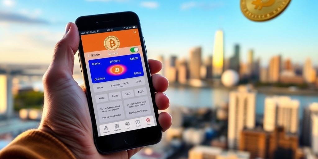 Pessoa segurando smartphone com Bitcoin em fundo urbano.