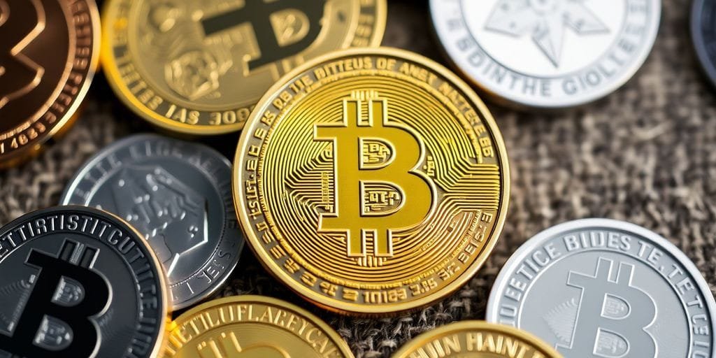 Imagem de uma moeda Bitcoin com outras criptomoedas.