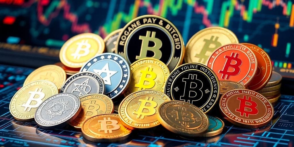 Coleção de criptoativos emergentes em uma plataforma digital.