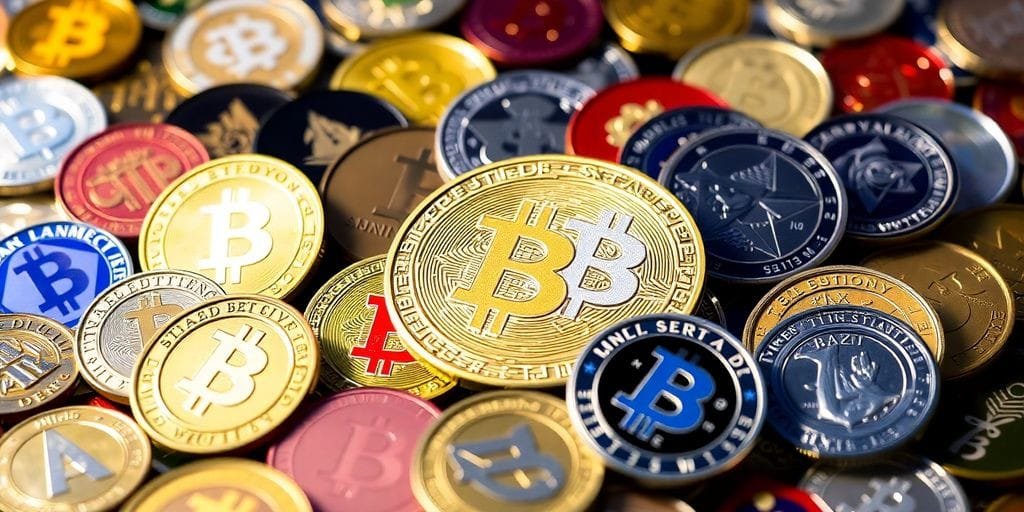Diversos criptoativos emergentes em uma composição fotográfica.
