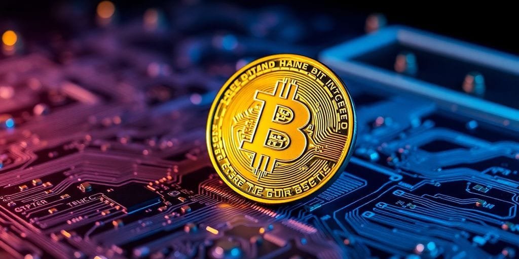 Moeda Bitcoin em uma placa de circuito digital.