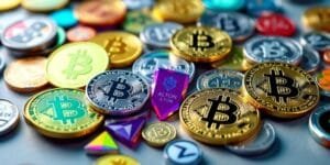 Imagem de moedas de Bitcoin e outras criptomoedas.