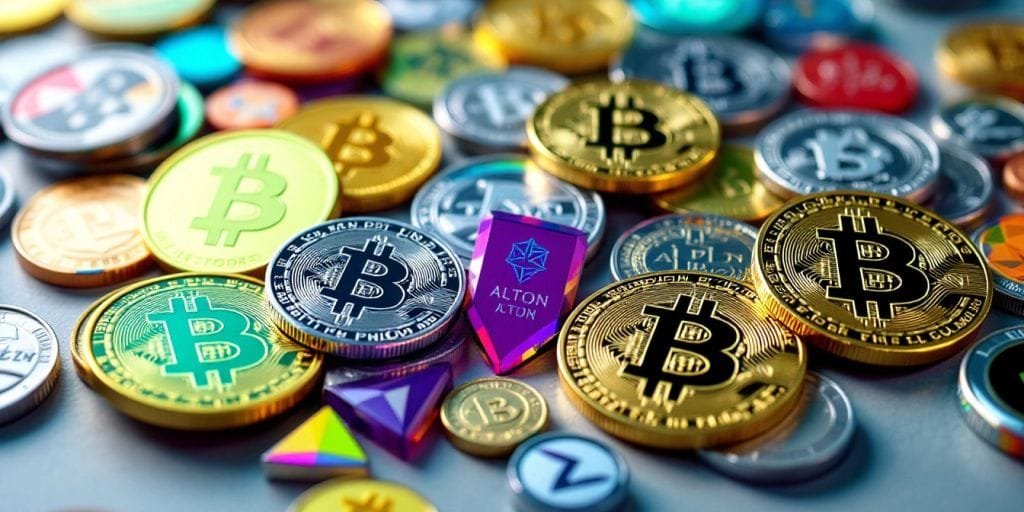 Imagem de moedas de Bitcoin e outras criptomoedas.