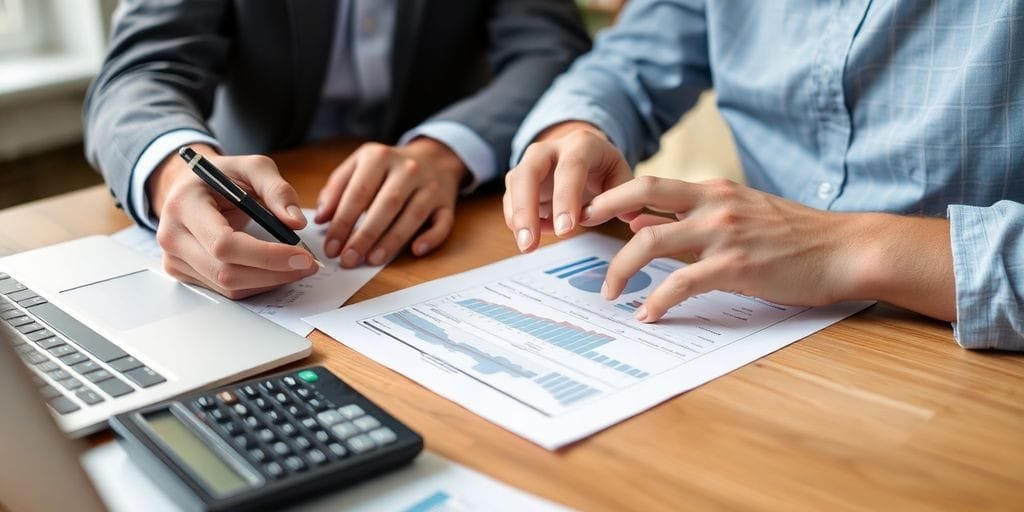 Consultor financeiro e cliente discutindo investimentos.