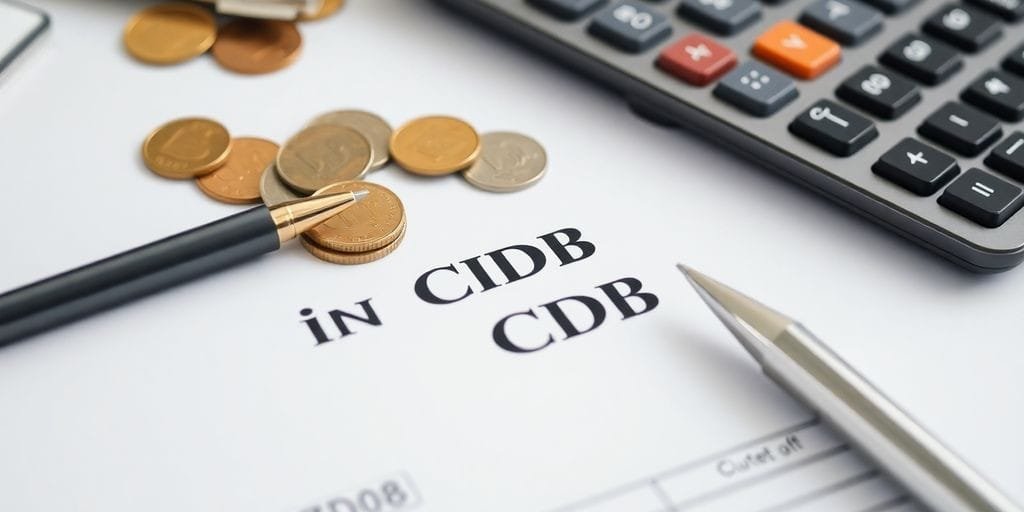 Imagem de documento financeiro com caneta e moedas.