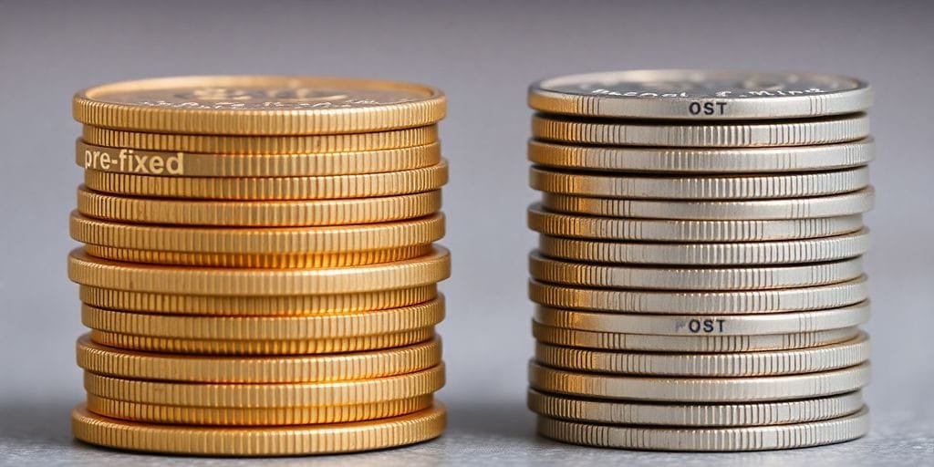 Duas pilhas de moedas, uma dourada e outra prateada.