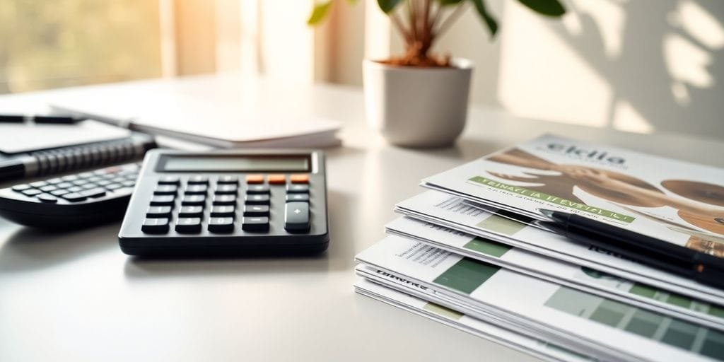 Mesa de escritório com plantas e materiais de investimento.