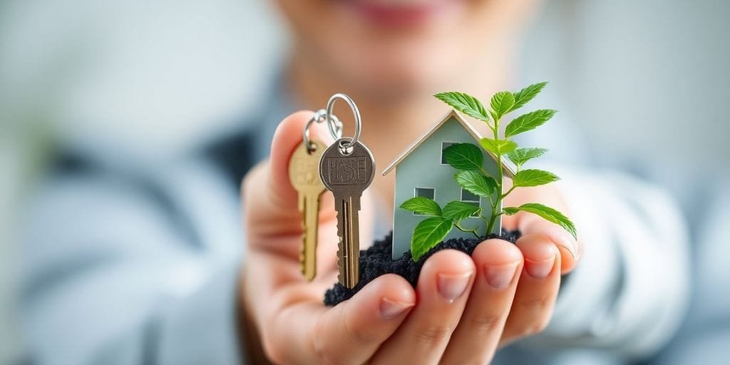 Pessoa segurando chave de casa e planta verde.