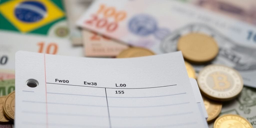 Calculadora financeira e moedas sobre uma mesa de madeira.