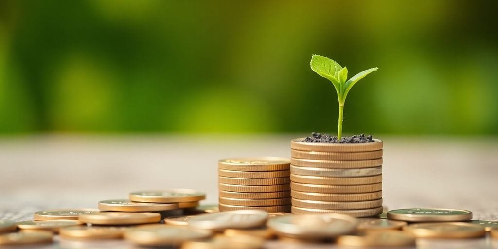 Moedas e notas empilhadas, representando investimento.