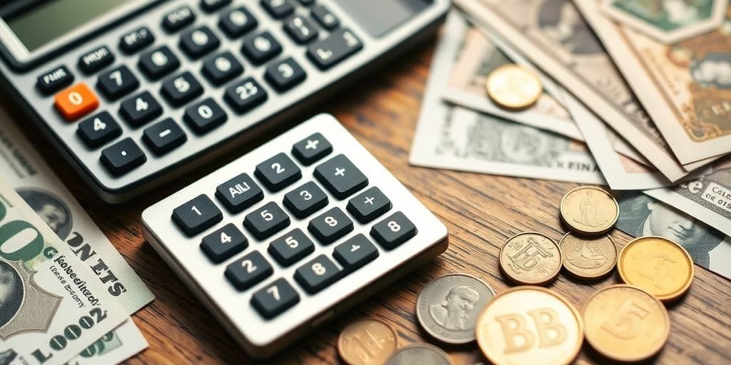 Calculadora financeira com dinheiro em papel e moedas.