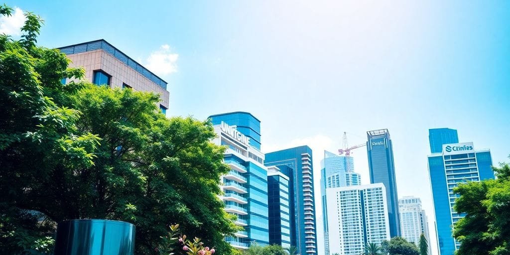 Imagem de um skyline urbano moderno e vibrante.