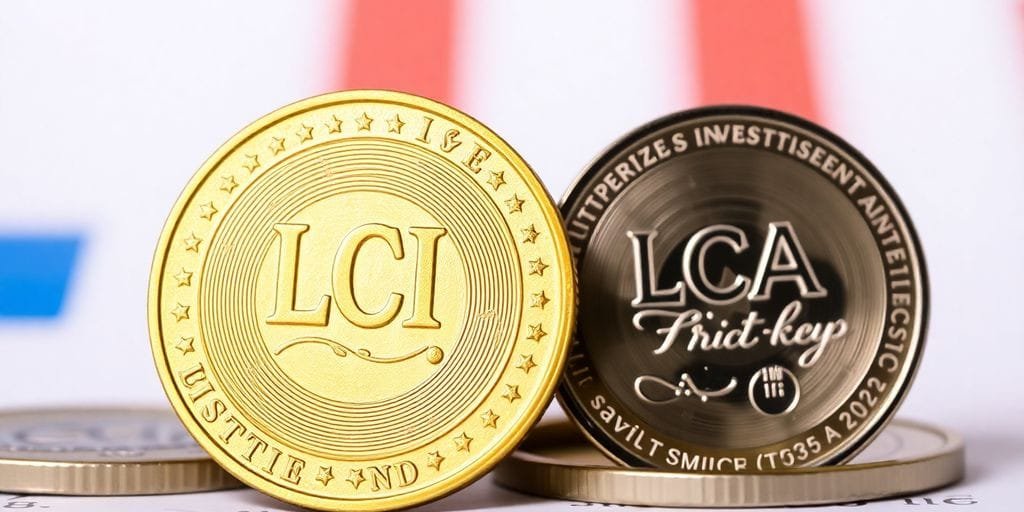 Imagem de moedas LCI e LCA sobre fundo financeiro.