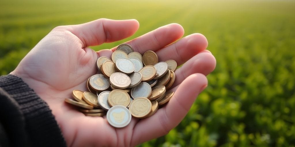 Mão segurando moedas, fundo desfocado de campo verde.