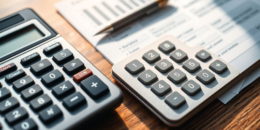 Calculadora e documentos financeiros sobre uma mesa de madeira.