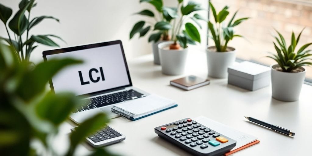 Ambiente financeiro moderno com mesa e plantas.