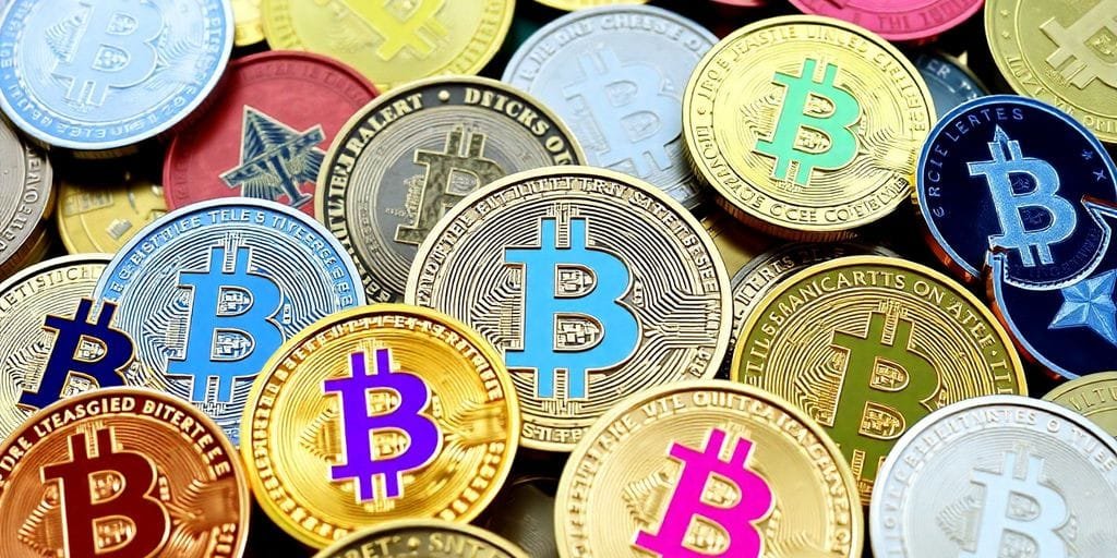 Imagem de moedas de Bitcoin e outras criptomoedas.